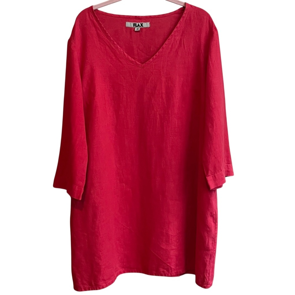 Flax Red Linen Oversized Boxy Shift Dress V-neck 3/4 Sleeve Lagenlook Coastal